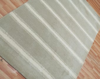 Hand Tufted Wool Rug Sage Green Cream Striped Area Rug Modern Minimalist Boho Carpet for Living Room Aesthetic Cute Bedroom Playroom Decor