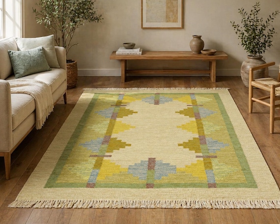 Kilim Handwoven Wool Dhurrie Rug: Green & Yellow Abstract Art, 6x9 or 8x10