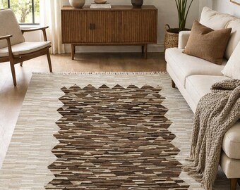 Kilim Handwoven Wool Kilim Rug: Swedish Design, Beige & Brown, 4x6