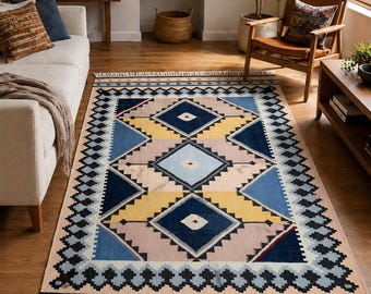 Handgeweven Kilim-tapijt, geometrisch vloerkleed, ivoorkleurig marineblauw tribaal tapijt, handgemaakt platgeweven wollen tapijt, boho woonkamertapijt, modern landelijk tapijt