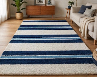 4x6 Hand-Tufted Wool Area Rug: Modern Blue Stripes, Cozy Home Decor