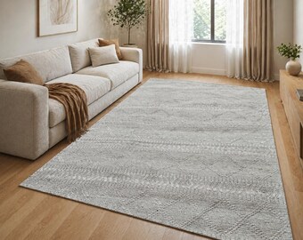 Tapete de lã bege tecido à mão, tapete geométrico neutro feito à mão, tapete moderno boho para sala de estar, tapete estilo fazenda para quarto.