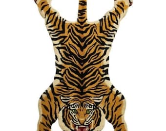 Alfombra de lana con estampado de tigre, 8 x 10 pulgadas, hecha a mano: alfombra con estampado animal irregular