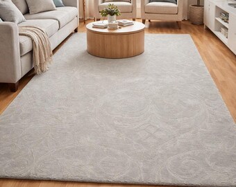 Hand Tufted Wool Rug, Beige Floral Area Rug, Neutral Living Room Carpet, Handmade Modern Luxury Rug, Ivory Home Decor
