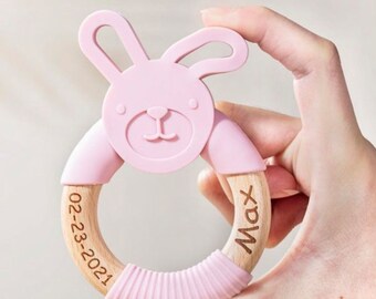 Personalized Bunny Teether - Silicone and wood teether - Engraved custom keepsake Baby Teether