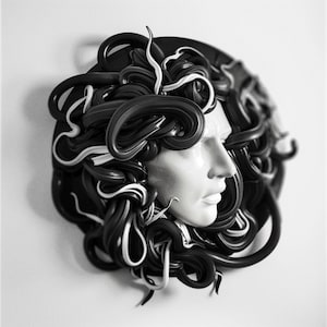 Może przedstawiać: Czarno-biała rzeźba przedstawiająca twarz kobiety z misternymi, wirującymi włosami. Rzeźba ma białą twarz i czarno-białe włosy. Słowa "RED" i "AMY" są widoczne po obu stronach.