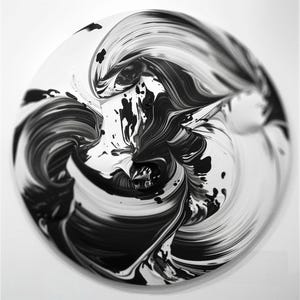 Puede incluir: Obra de arte abstracta en blanco y negro con trazos de pintura arremolinados. La palabra "RED" está a la izquierda y "AMY" a la derecha. El diseño presenta una forma circular con un patrón dinámico y fluido.