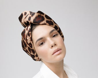 Silk and Microfiber Hair Drying Turban - Panther | Absorbent Hair Towel with Loop and Button | Haircare Valentine New Year Gift | Hair Wrap