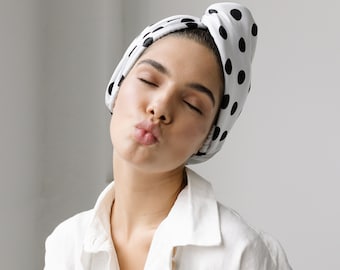 Mulberry Silk and Microfiber Hair Drying Turban - Norma Jeane | Curly Method Hair Towel | Loop and Button | Polka Dot Print | Halloween Hat