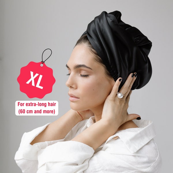 XL Turban séchant avec soie de mûrier et microfibre | Porte-serviette absorbant pour cheveux | Cadeau femme | Bonnet à cheveux | Enveloppement extra-long