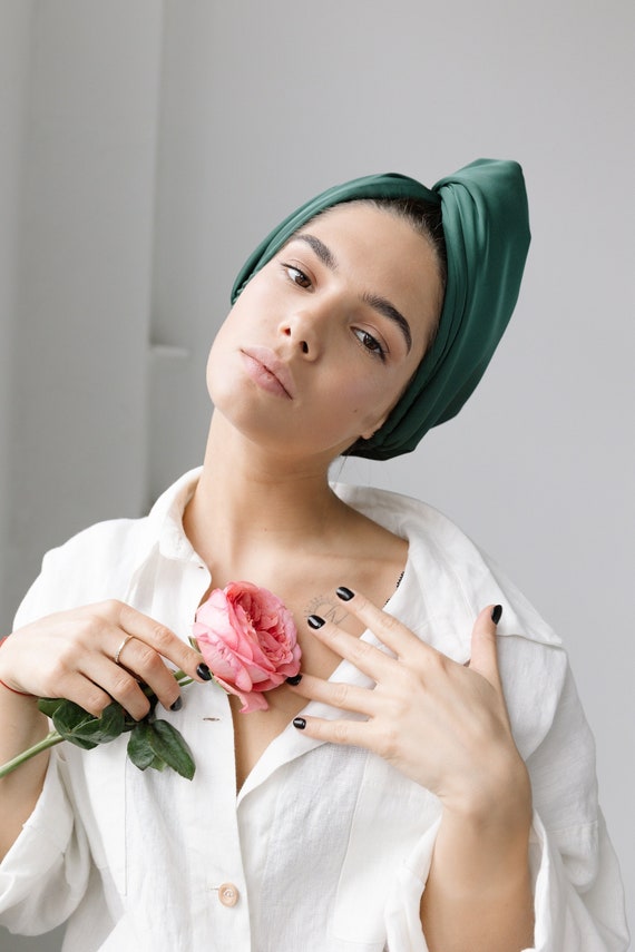 Mulberry Silk Hair Turban, Absorbent Towel with Loop, Transformative Teal Pantone Color