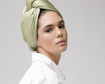 Hair Drying Turban with Mulberry Silk, Microfiber -Ventura | Hair Towel Loop Button | Best Haircare Gift | Hair Wrap | Olive sleep bonnet