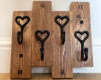 Wood Coat Rack, Pallet Handmade Rustic Coat Hangers with black hearts cast iron hooks, Unique Design, Personalised Country Cottage Style