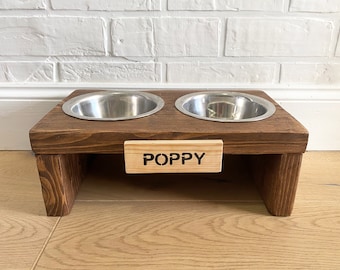 Personalised Rustic Raised Wooden Dog Bowl Set Stand, Reclaimed Wood, Handmade Chunky Feeding Station, Stand With Stainless Steel Bowls
