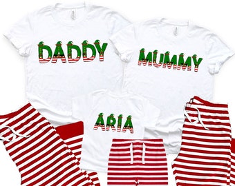 Personalised Elf Name Christmas Family Matching PJs Pyjamas Festive - red striped bottoms nightwear