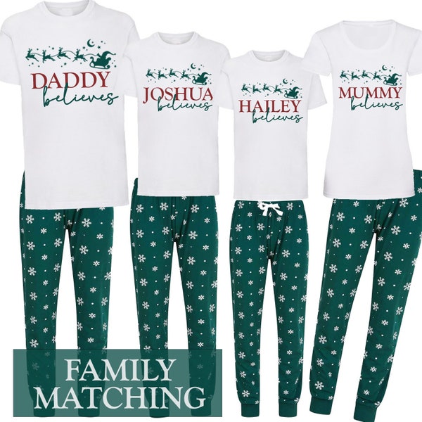 Personalised Believes Christmas Family Matching PJs Pyjamas Festive - green with snowflakes bottoms