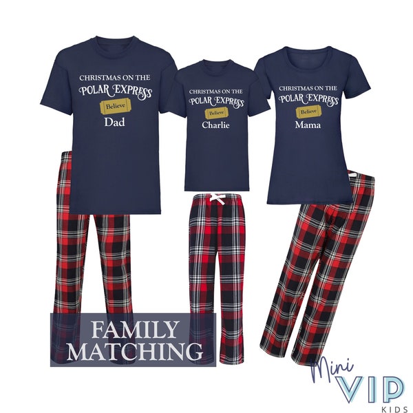 Personalised Polar Express Christmas Believe - Tartan Family Matching PJs Pyjamas Festive