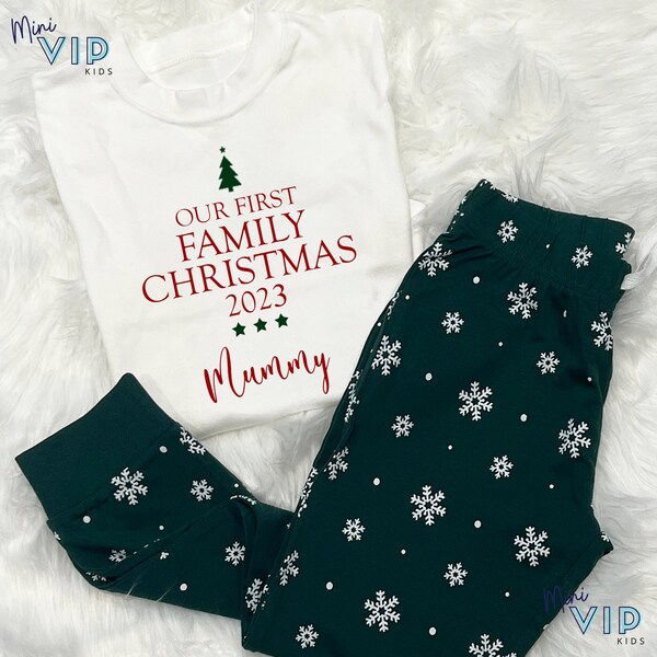 Personalised Our First Family Christmas Matching PJs Pyjamas Festive - green with snowflakes bottoms