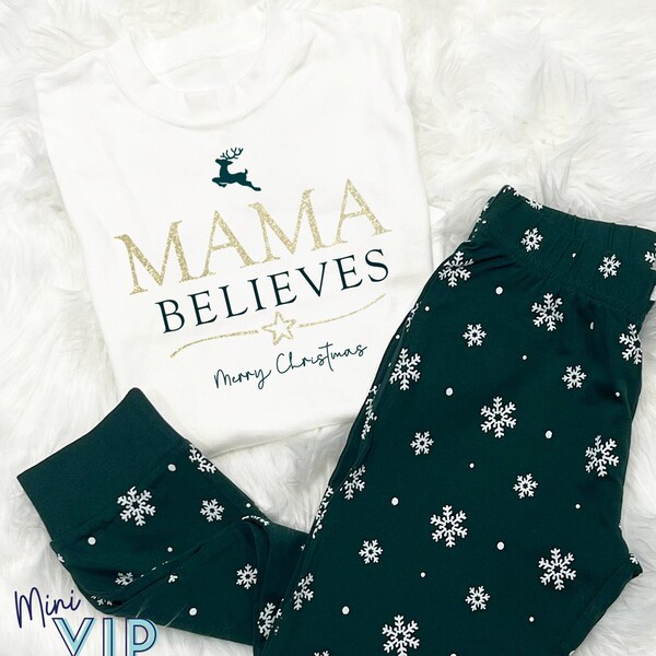 Personalised Believes Family Christmas Matching PJs Pyjamas Festive - green with snowflakes bottoms