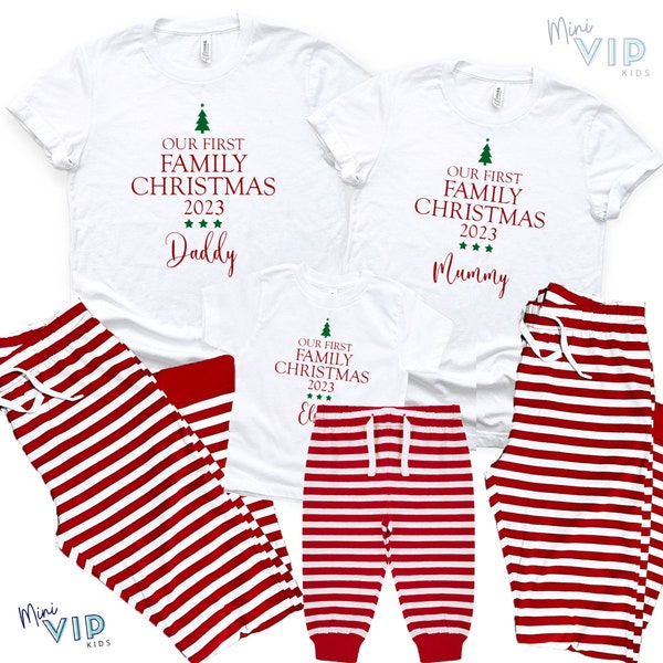 Personalised Our First Family Christmas Matching PJs Pyjamas Festive - Red & White Striped Jammies