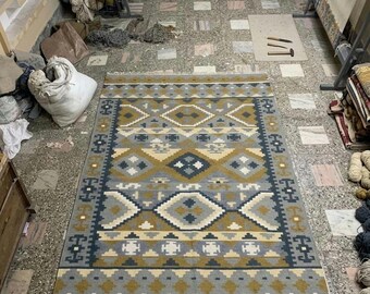 Handmade with two texture Kilim Rug: New Zealand Wool Durri, Bohemian Home Decor for living room home decor