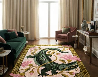 Hand-Tufted crocodile Rug with Floral Design, Luxury Wool Accent Carpet, Custom Handmade Animal Rug for Living Room & Bedroom