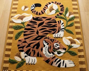 Hand-Tufted Tiger Rug with Floral Design, Luxury Wool Accent Carpet, Custom Handmade Animal Rug for Living Room & Bedroom