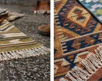 Handmade with two texture Kilim Rug: New Zealand Wool Durri, Bohemian Home Decor for living room home decor