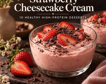 May include: A digital recipe book cover titled Strawberry Cheesecake Cream 10 Healthy High-Protein Desserts. The image features a glass bowl filled with pink strawberry cream topped with fresh strawberry slices and dark chocolate shavings.