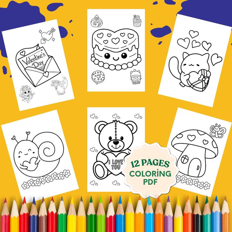 12 Valentine Coloring Pages, Kids Classroom Party Favors (printable PDF ...