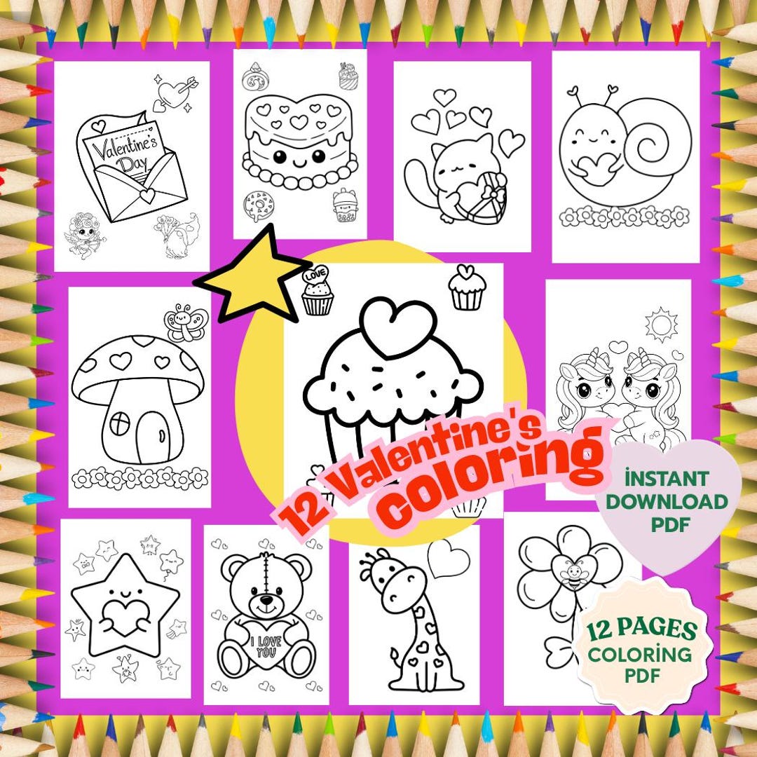 12 Valentine Coloring Pages, Kids Classroom Party Favors (printable PDF ...