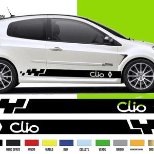 Può includere: Auto Renault Clio bianca con decalcomanie laterali nere. Le decalcomanie presentano un motivo a scacchiera e la parola "Clio" in bianco. Il logo Avery Dennison si trova in alto a sinistra. Opzioni di colore mostrate sotto.