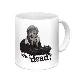 May include: White ceramic mug with a black and white image of a woman on the phone with the text "who's dead?" printed below.