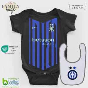 Body bébé PERSONNALISABLE GRATUITEMENT - motif cœur noir et bleu du match de football de Milan, barboteuse noire en cadeau