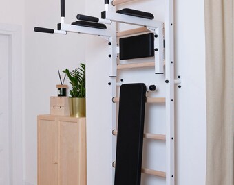 BenchK wall bars with a fixed steel 6-grip pull-up bar, a dip bar with back support and an advanced workout bench