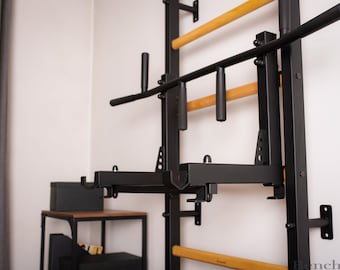 BenchK wall bars with a convertible steel 6-grip pull-up bar used as a barbell holder