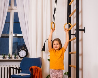 BenchK wall bars with a fixed steel 6-grip pull-up bar and gymnastic accessories