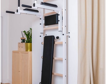 BenchK wall bars with a convertible steel 6-grip pull-up bar used as a barbell holder, a dip bar with back support and bench