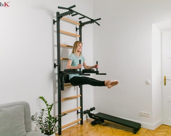 BenchK wall bars with a fixed steel 6-grip pull-up bar, a dip bar with back support and an advanced workout bench