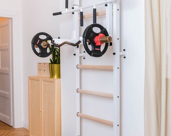 BenchK wall bars with a convertible steel 6-grip pull-up bar used as a barbell holder