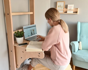 BenchK solid beech wooden wall bars with an adjustable pull-up bar and a removable BenchTop used as a desk