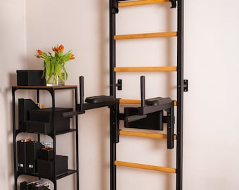 BenchK wall bars with a convertible steel 6-grip pull-up bar used as a barbell holder and a dip bar with back support