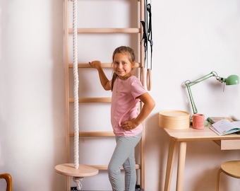 BenchK solid beech wooden wall bars with an adjustable pull-up bar and gymnastic accessories
