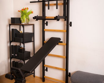 BenchK wall bars with a convertible steel 6-grip pull-up bar as a barbell holder, a dip bar with back support and bench