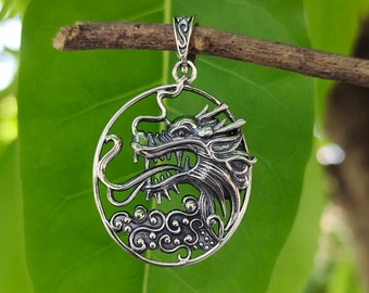 Oxidized Silver Dragon Pendant Necklace, Boho Hippie Jewelry