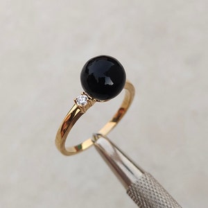 Black Onyx With Zircon Silver Ring, Gold Plated Silver Ring, Black Onyx Ball Ring, Minimalist Silver Ring, Anniversary Gift