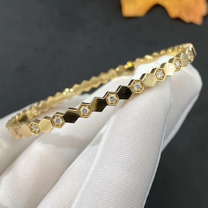 Bee Love Silver Bangle, Gold Plated Bangle, Hexagon Shape Bangle, Moissanite Stone Silver Bangle, Sterling Silver Bangle, GB lock
