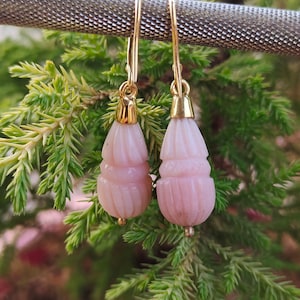 Radiant Pink Opal Earrings, Hand Carved Elegance, Chic Gemstone Ear Drops, Carved Pink Opal Gemstone Earings, Sterling Silver Earings