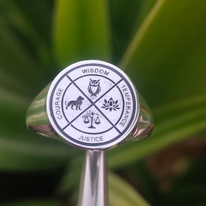 Handcrafted Signet Wisdom Ring, Sterling Silver Justice Band, Unisex Symbolic Ring, Temperance Ring, Courage Ring