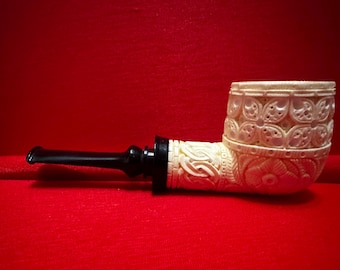 Pipa de espuma de mar hecha a mano – Diseño de celosía de marfil tallado con estuche especial